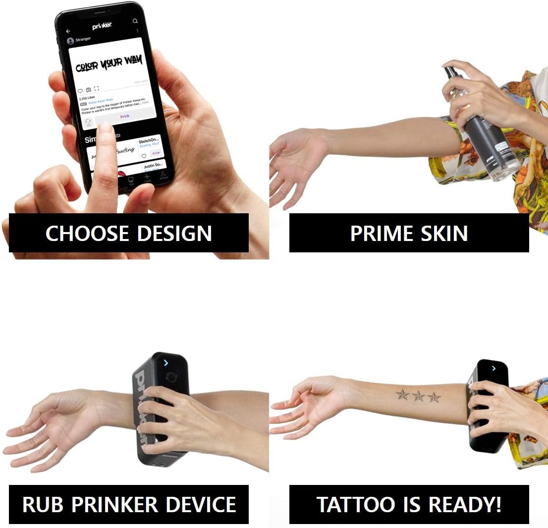 Prinker S Temporary Tattoo Device Package for Your Instant Custom Tattoos with Premium Cosmetic Black Ink - Compatible w/iOS & Android devices